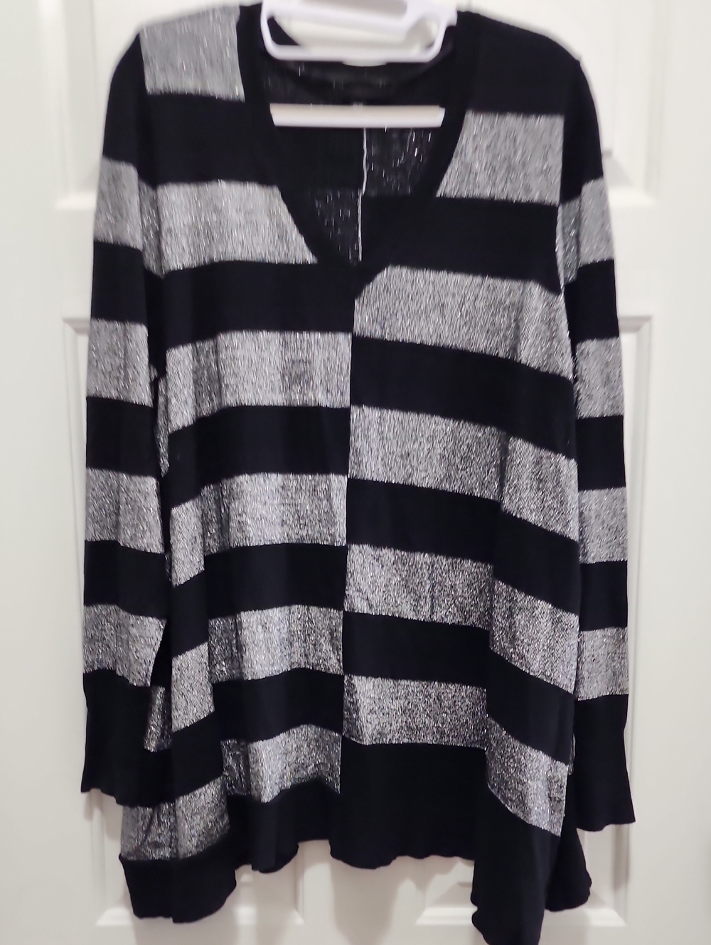 Lane Bryant Black and Silver Metallic Stripe V-Neck Sweater
